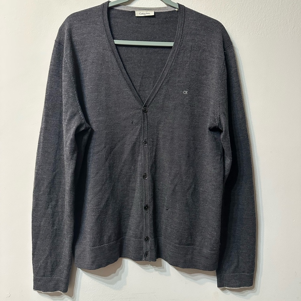 Calvin Klein Women’s Gray Knit Button Logo Cardigan Sweater V-Neck Long Sleeve L